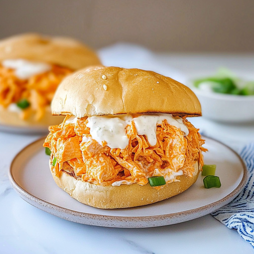 Recipe preparation for Spicy Shredded Buffalo Chicken Sandwich