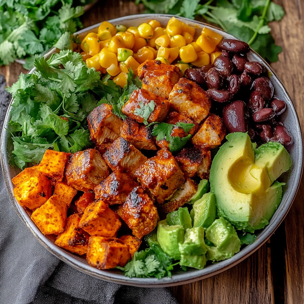 Recipe preparation for BBQ Chicken Bowls with Sweet Potatoes