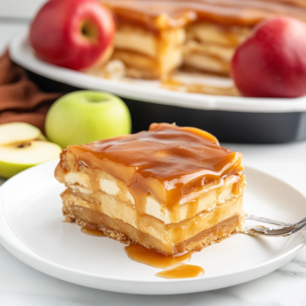Recipe preparation for Easy No-Bake Caramel Apple Eclair Cake
