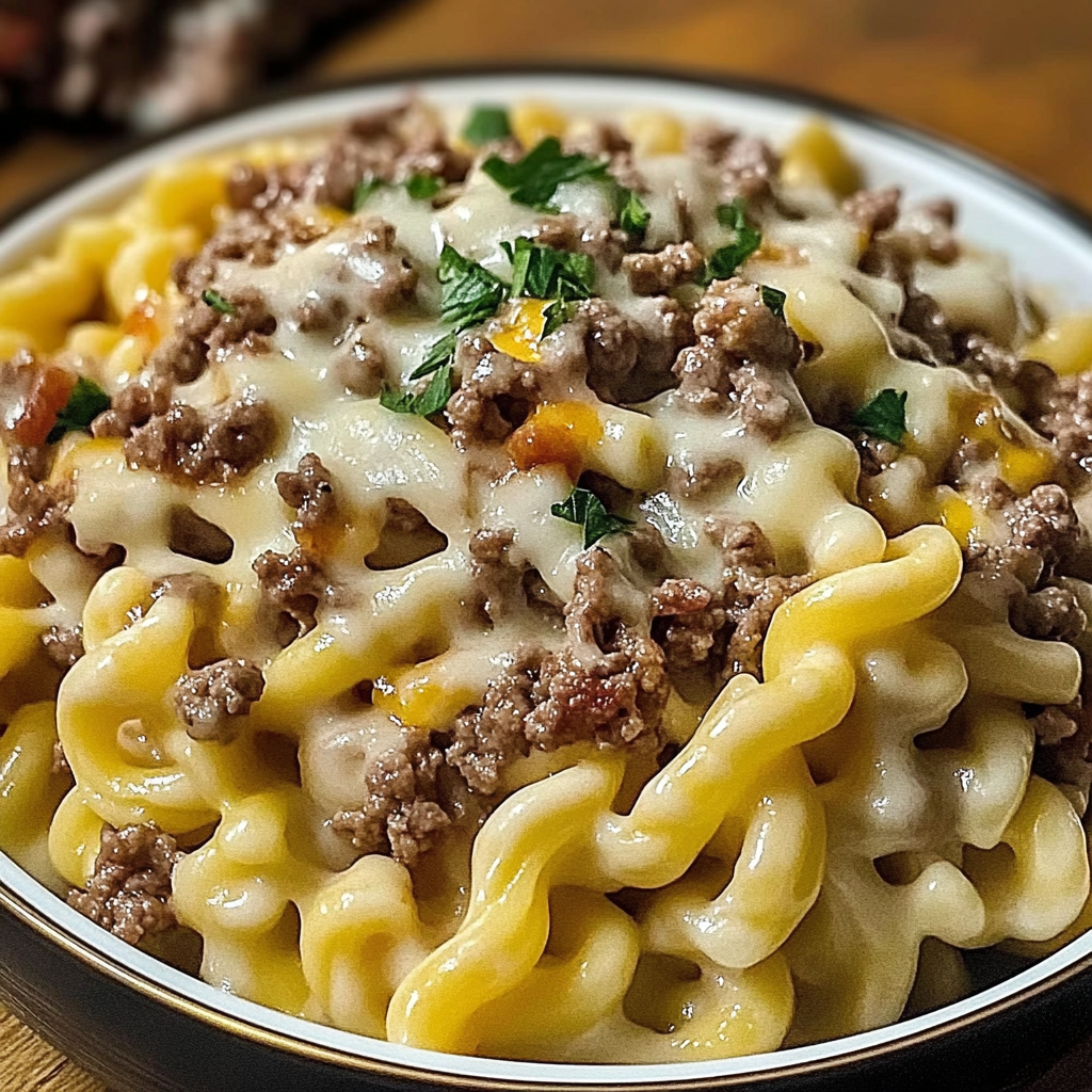 Recipe preparation for Cheeseburger Alfredo Pasta