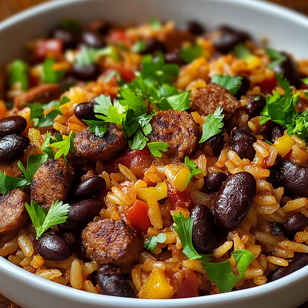 Recipe preparation for Black Beans and Rice with Sausage