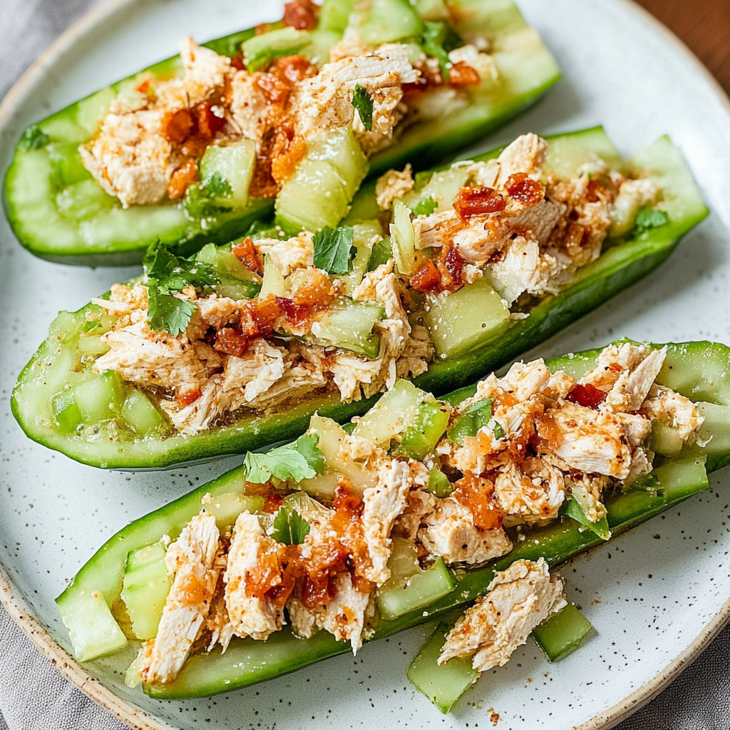 Recipe preparation for Bacon Ranch Chicken Salad Cucumber Boats