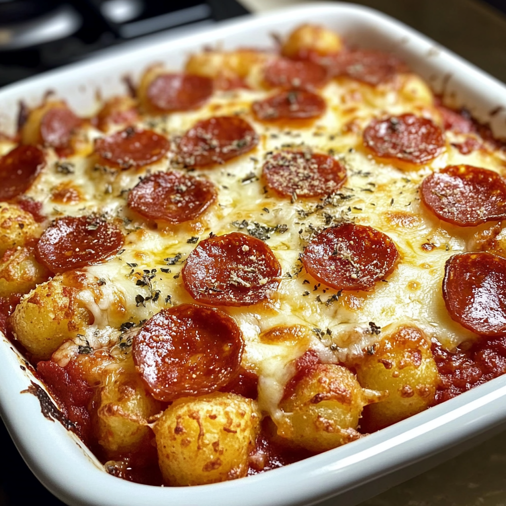 Recipe preparation for Pepperoni Pizza Tater Tot Casserole