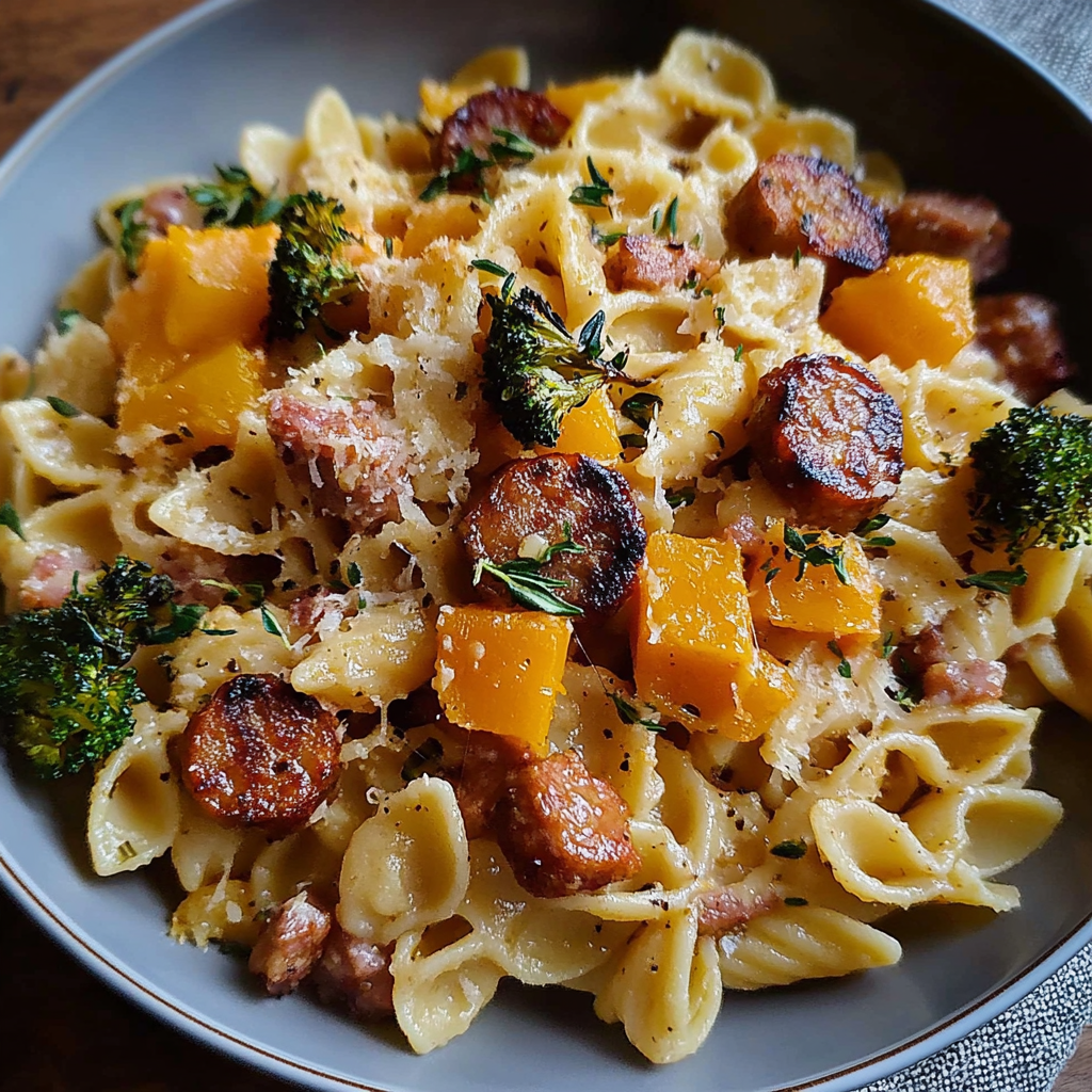 Recipe preparation for Autumn Sausage Pasta Squash
