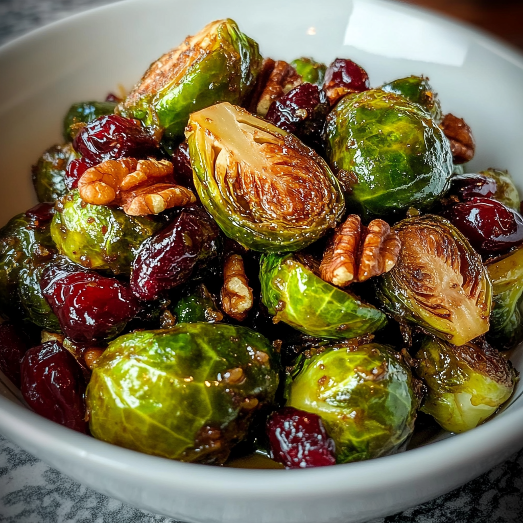 Recipe preparation for Balsamic Roasted Brussels Sprouts with Cranberries & Pecans Magic