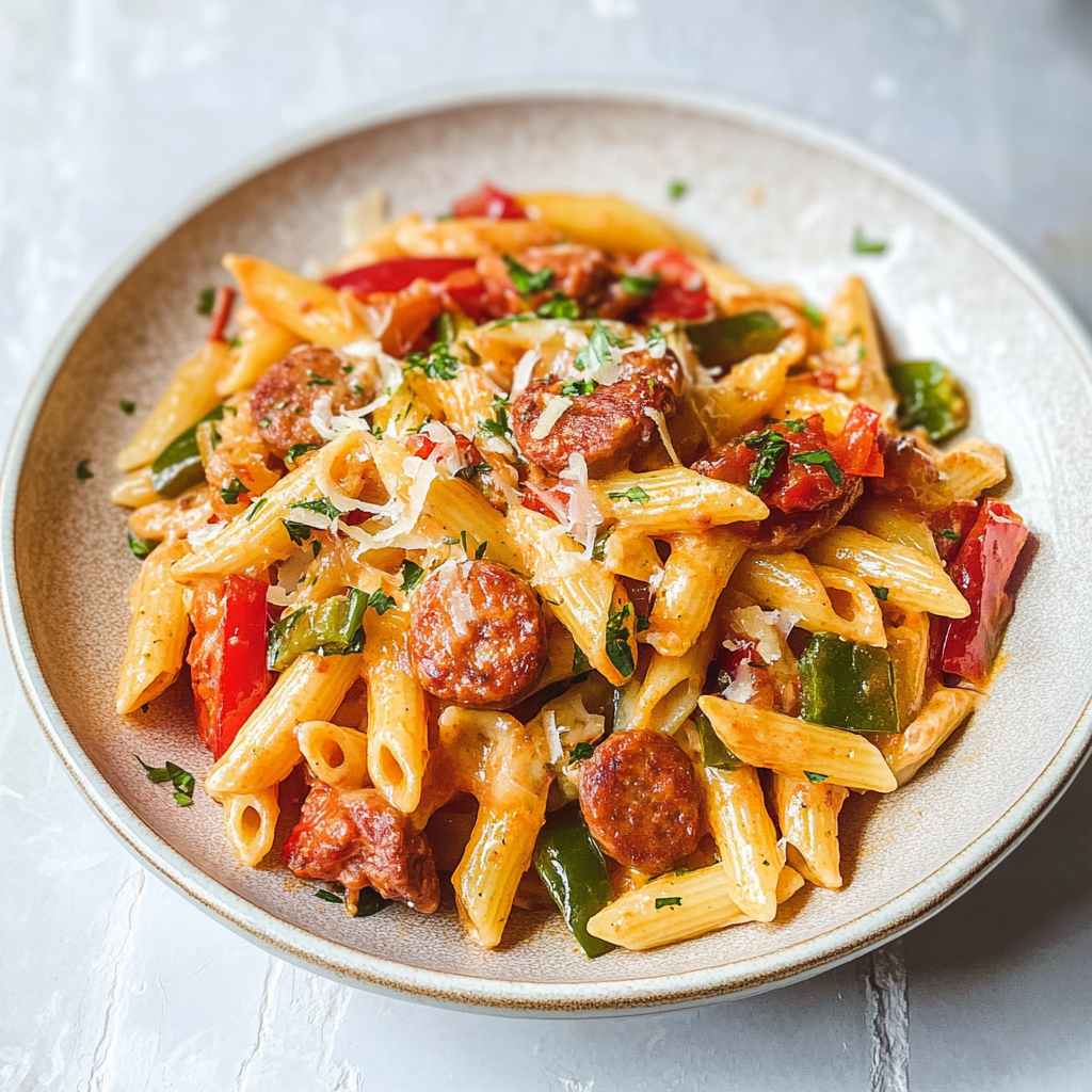 Recipe preparation for Sweet Pepper Sausage Pasta