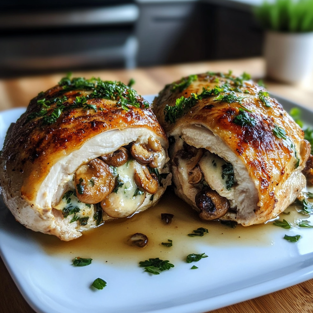 Recipe preparation for Cheesy Garlic Butter Mushroom Stuffed Chicken