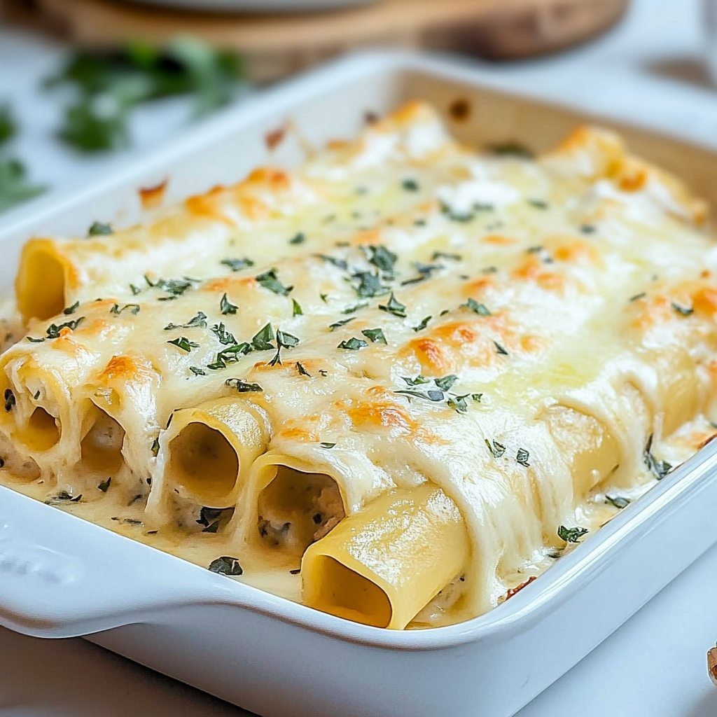 Recipe preparation for Chicken Manicotti Alfredo