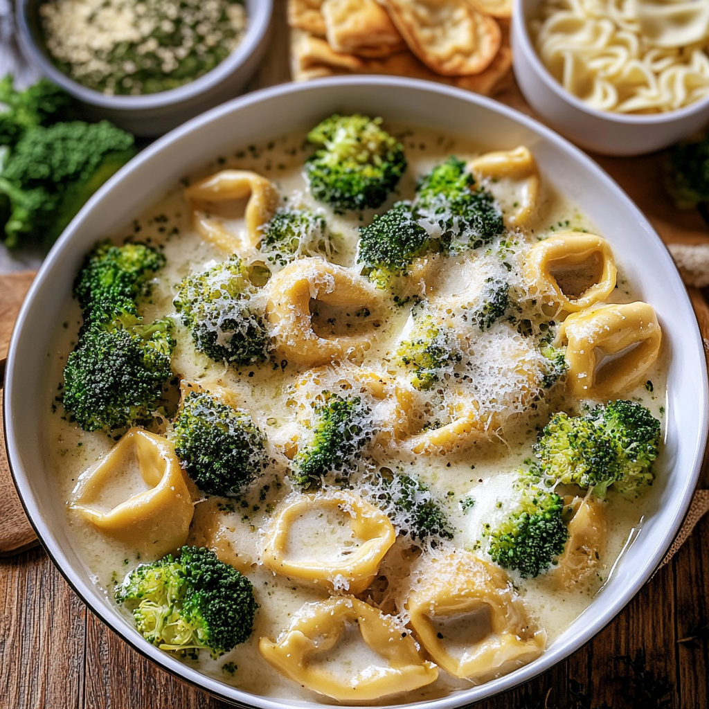 Recipe preparation for Creamy Tortellini with Chicken and Broccoli