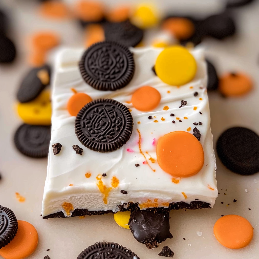 Recipe preparation for Easy White Chocolate Halloween Oreo Bark