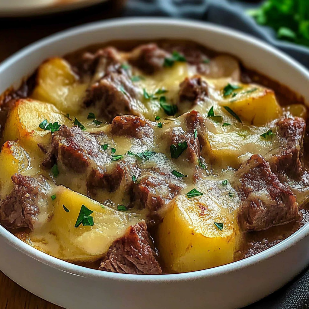 Recipe preparation for Cheesy Steak and Potato Bake