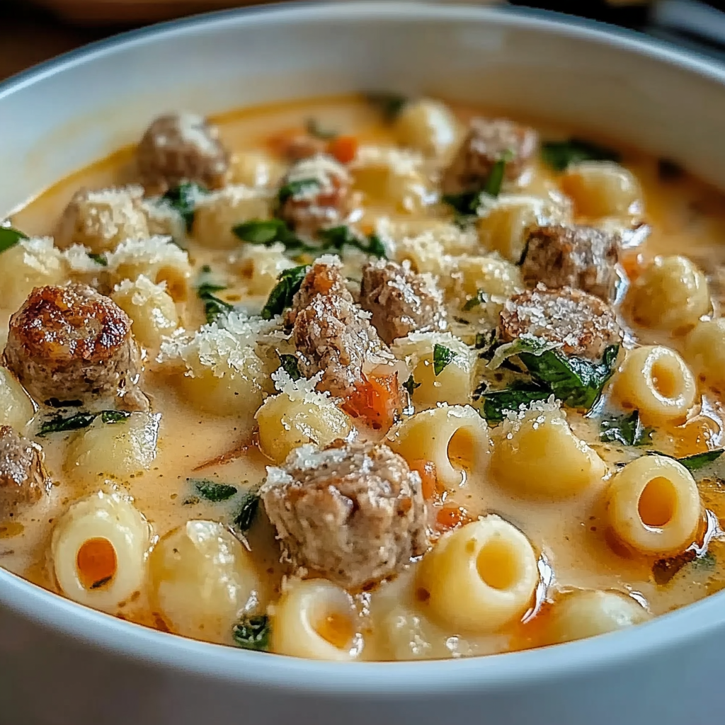 Recipe preparation for Creamy Parmesan Italian Sausage Ditalini Soup