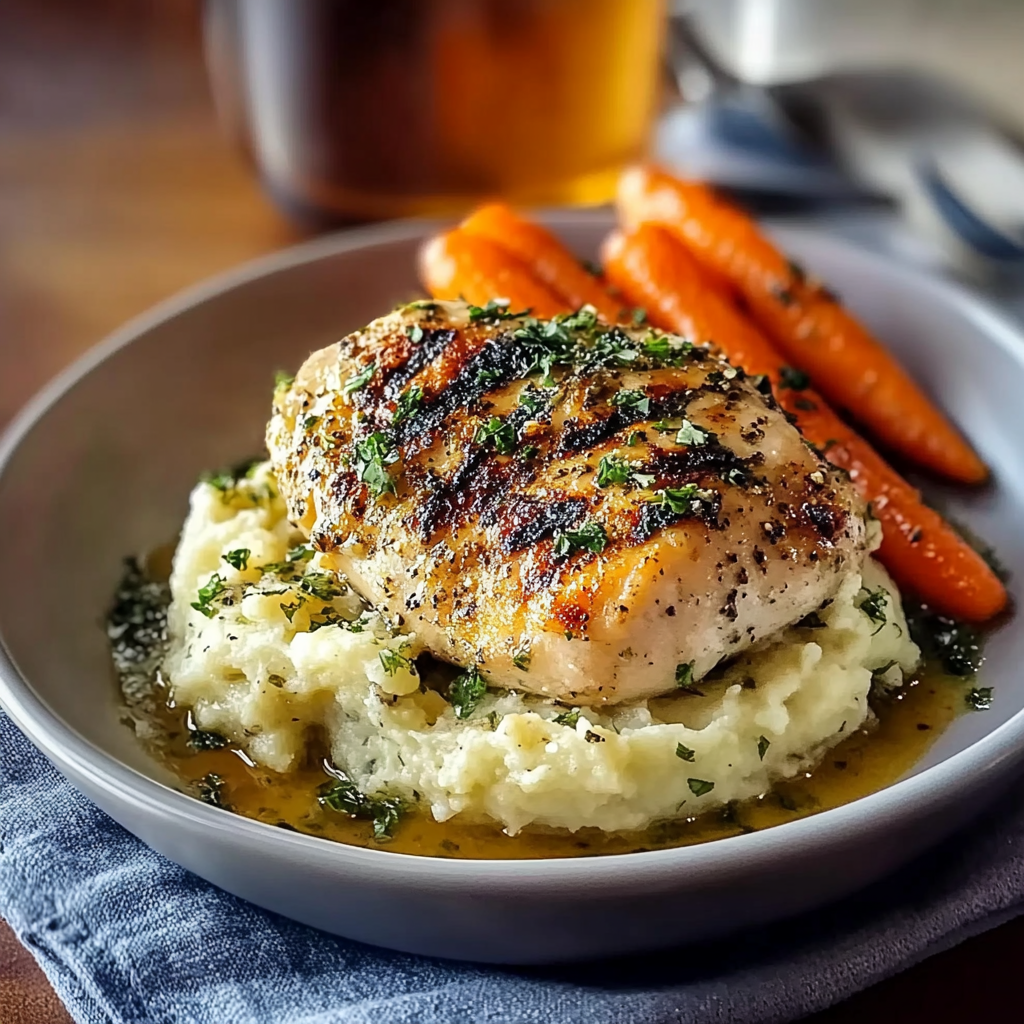 Recipe preparation for Garlic Herb chicken with creamy mash & roastedarlic carrots