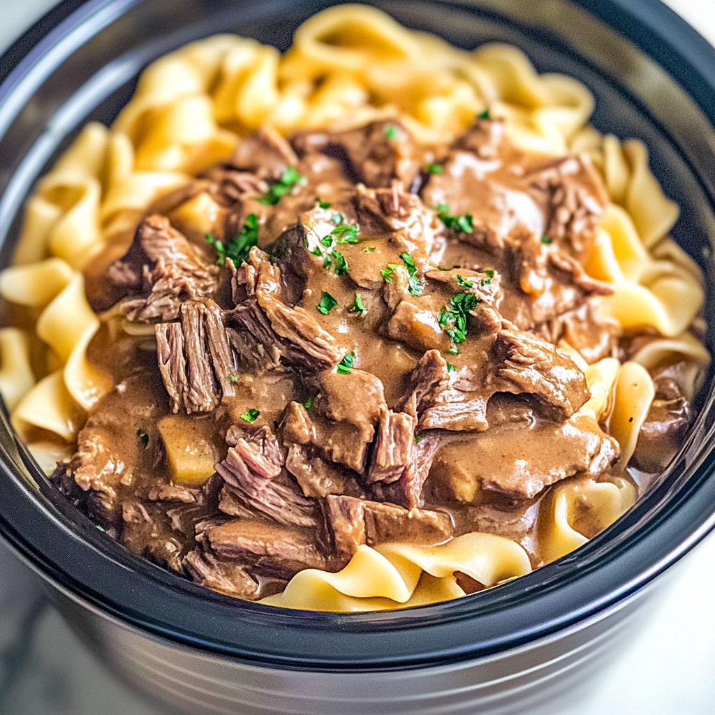 Recipe preparation for Tender Crockpot Beef Tips and Noodles