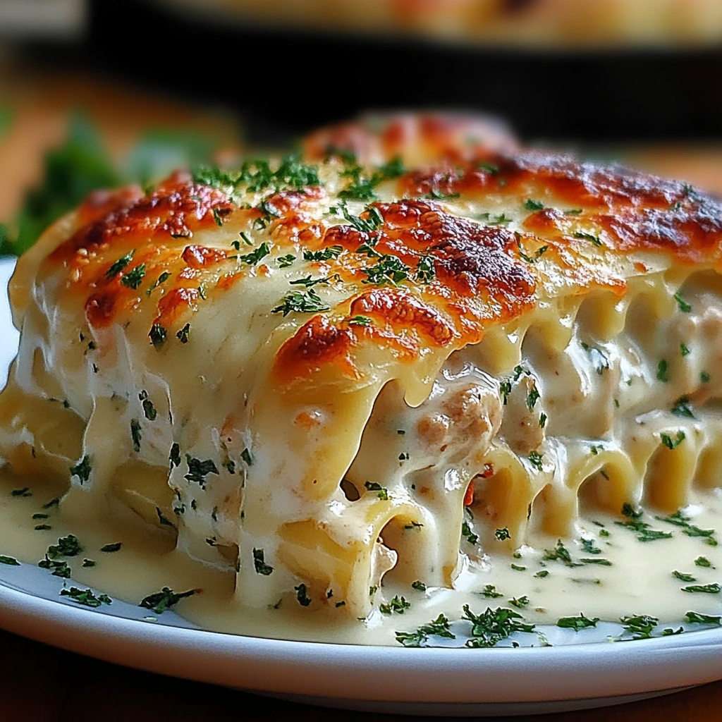 Recipe preparation for Chicken Alfredo Lasagna Rolls
