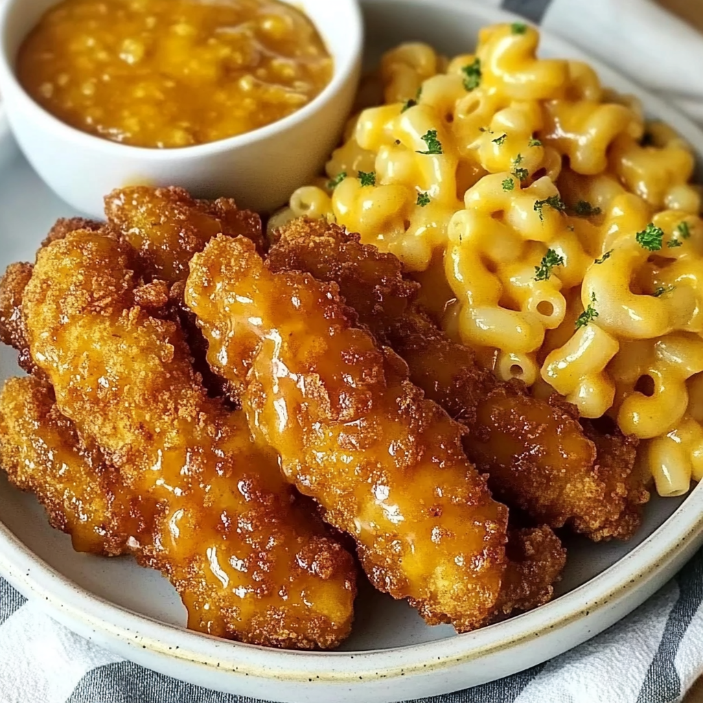 Recipe preparation for Hot Honey Chicken Tenders with Baked Mac and Cheese