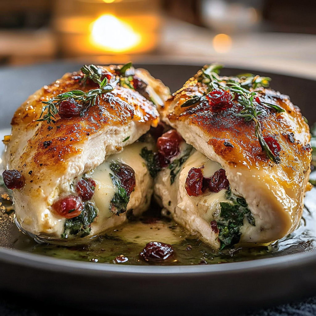 Recipe preparation for Cranberry Spinach Stuffed Chicken Brie