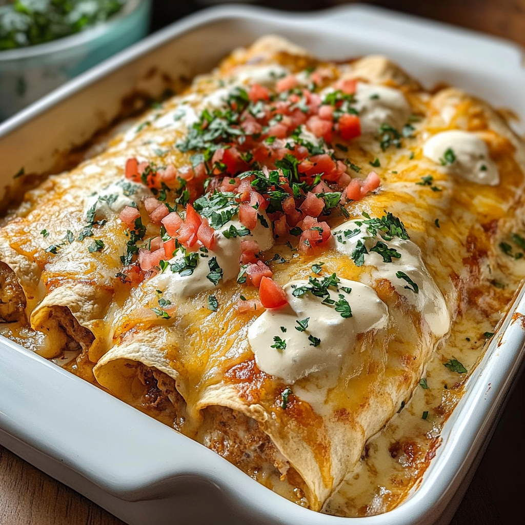 Recipe preparation for Queso Chicken Enchiladas Bake
