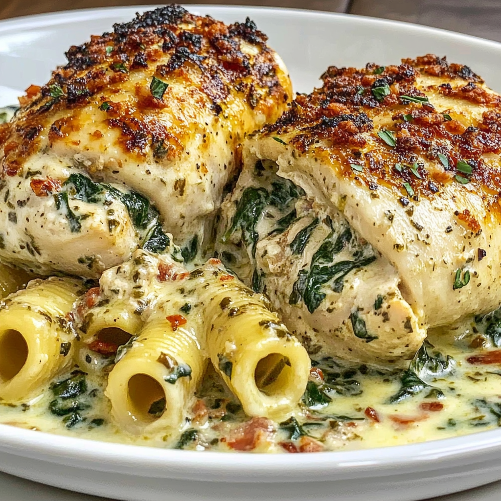 Recipe preparation for Stuffed Chicken Spinach Rigatoni