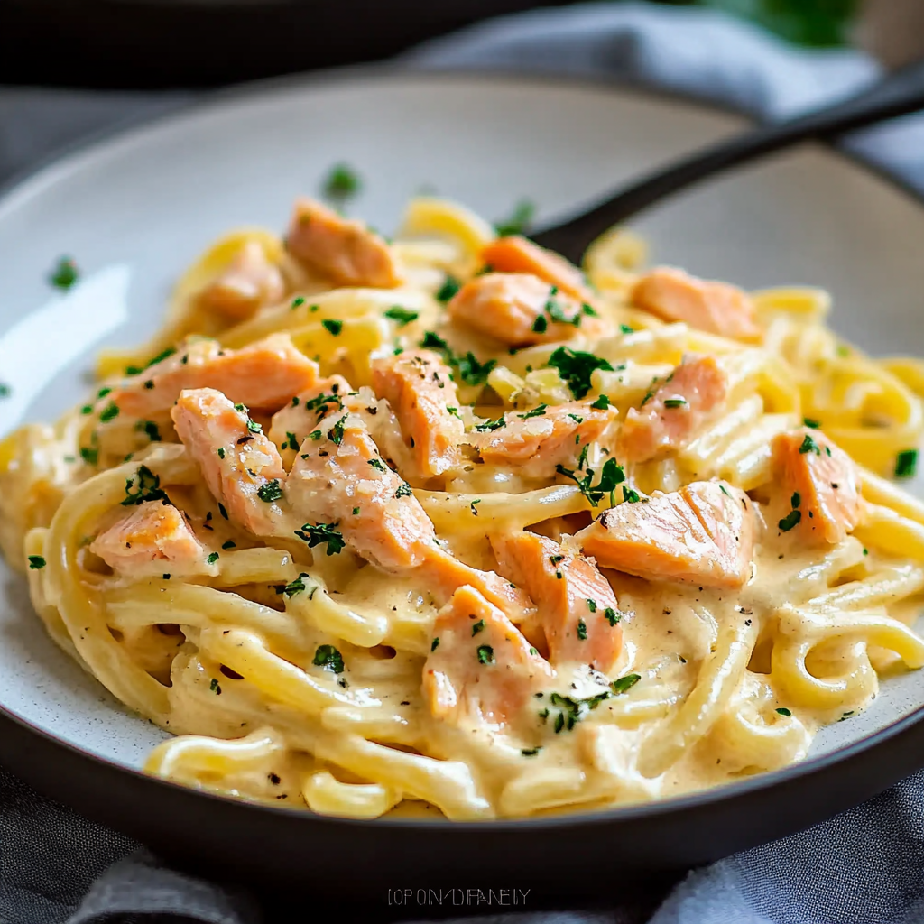 Recipe preparation for Creamy Salmon Pasta
