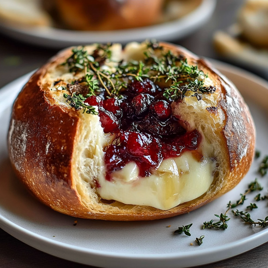 Recipe preparation for Baked Brie Bread Bowl Cranberry