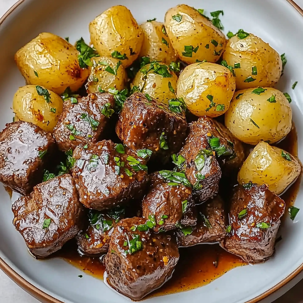 Recipe preparation for Garlic Butter Steak Bites and Potatoes