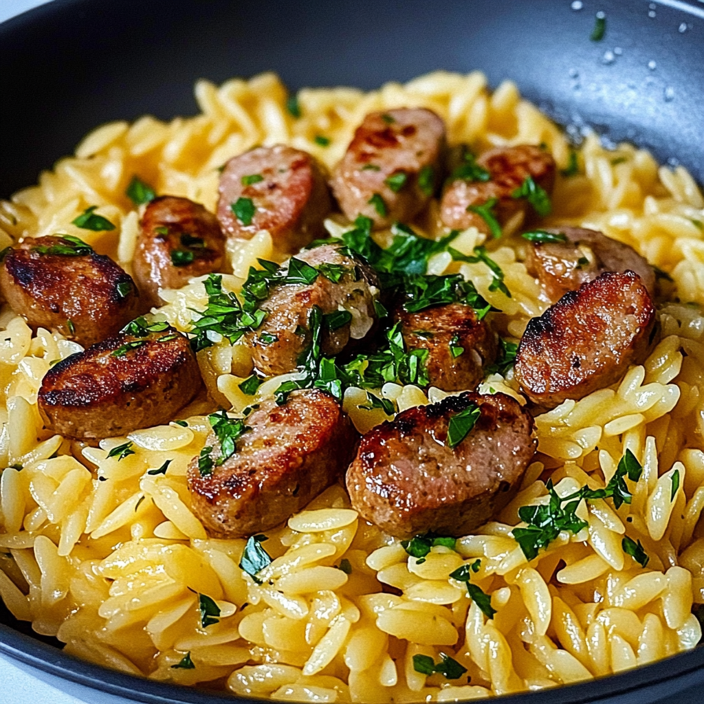 Recipe preparation for One-Pot Garlic Butter Sausage and Orzo