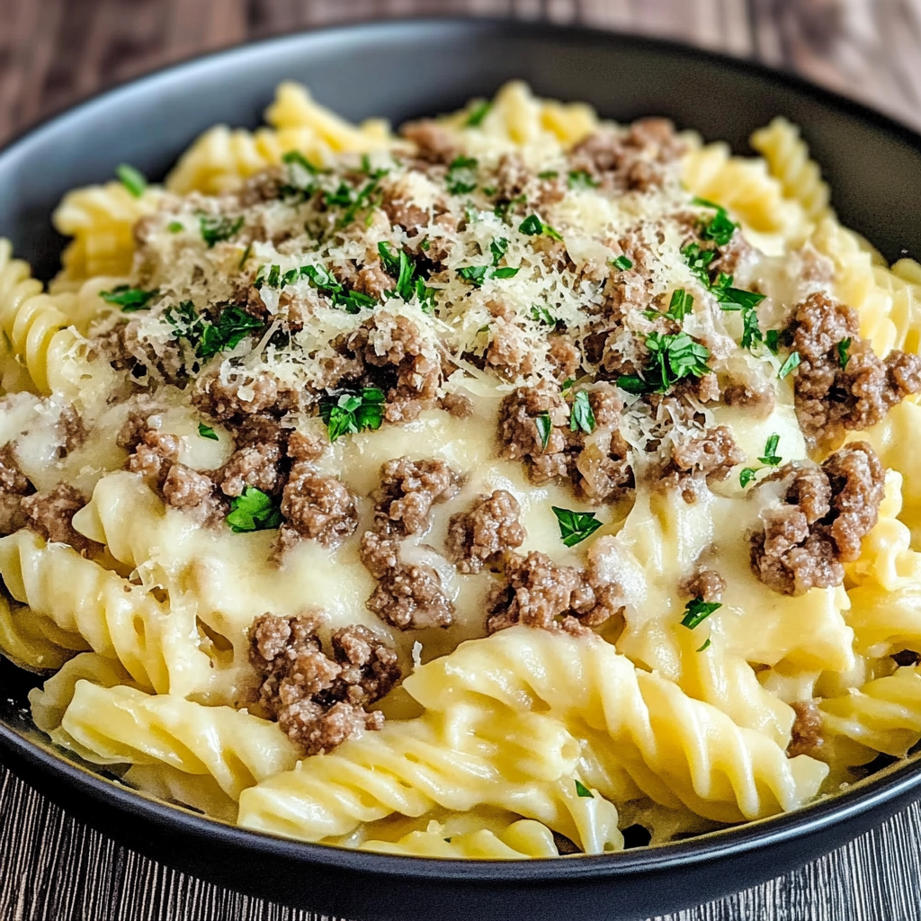 Recipe preparation for Cheesy Beef Alfredo Pasta