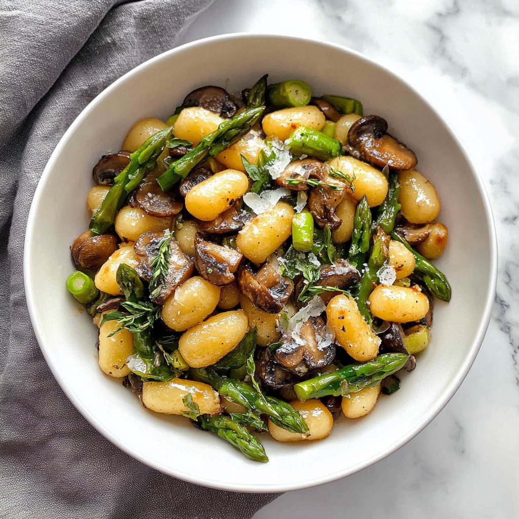 Recipe preparation for Sheet Pan Asparagus Mushroom Gnocchi Recipe