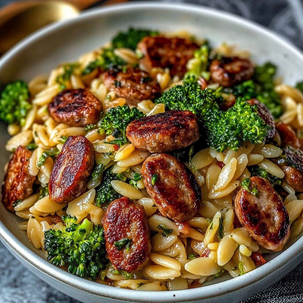 Recipe preparation for Sausage Broccoli Orzo Delight