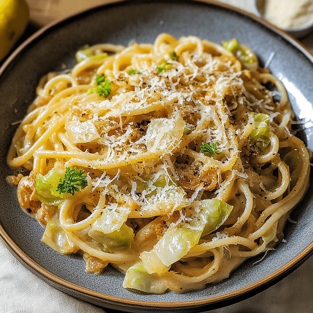 Recipe preparation for Creamy Caramelized Cabbage Pasta