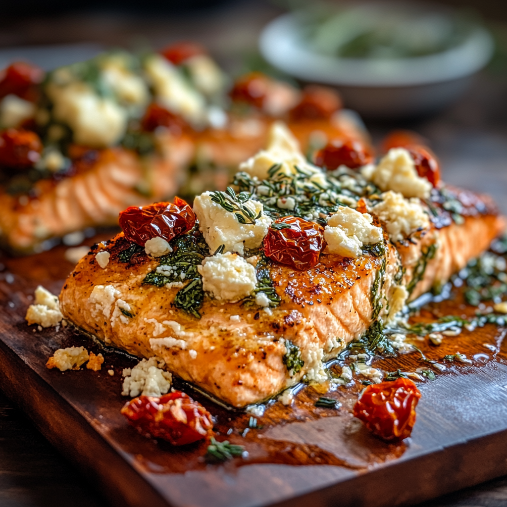 Recipe preparation for Mediterranean Baked Salmon With Feta & Sun-dried Tomatoes