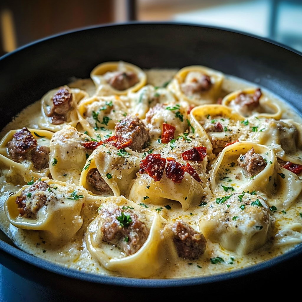 Recipe preparation for Creamy Cheesesteak Tortellini Provolone