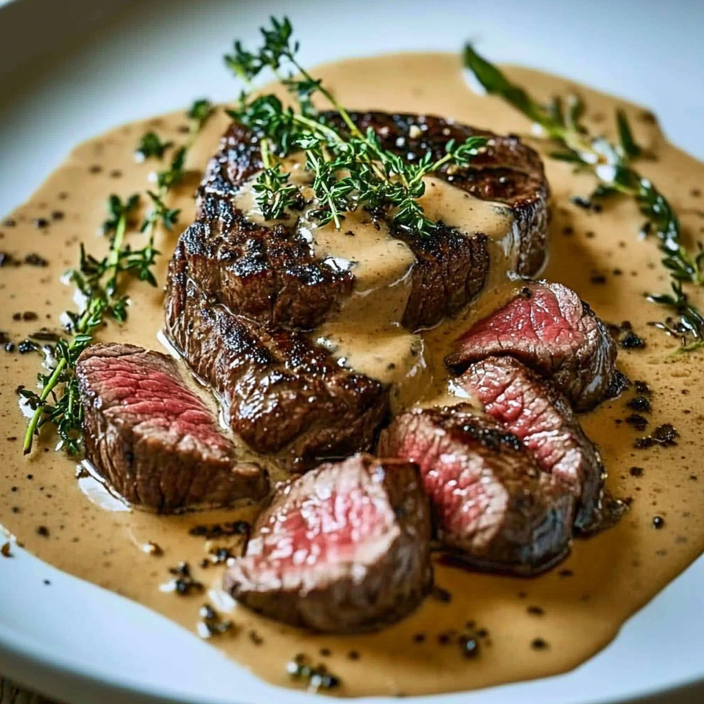 Recipe preparation for French Seared Steak with Cognac Cream Sauce