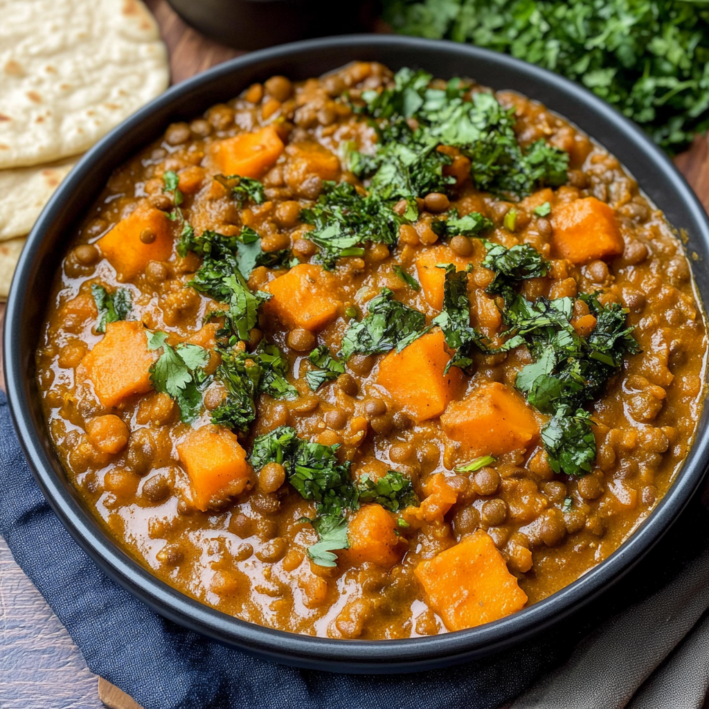 Recipe preparation for Brown Lentil Sweet Potato Curry