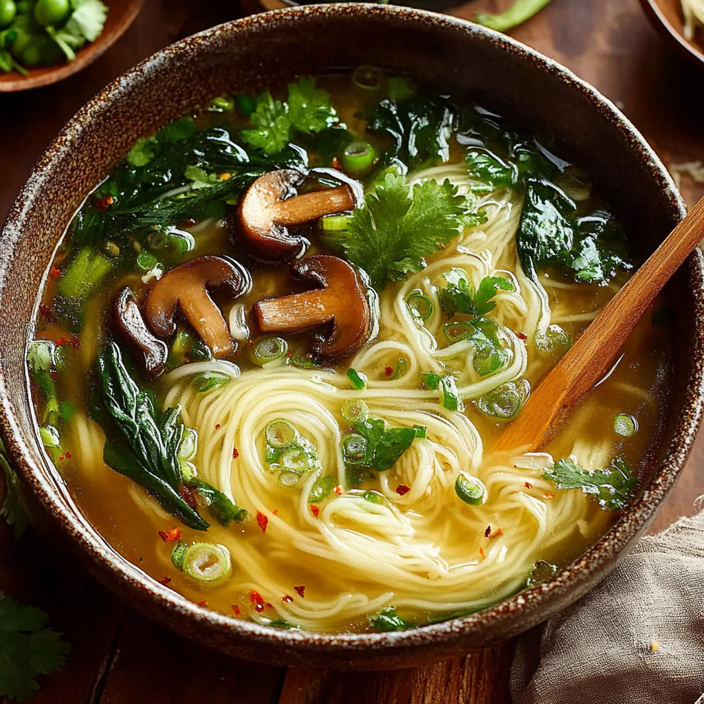 Recipe preparation for Ginger Garlic Broth with Rice Noodles