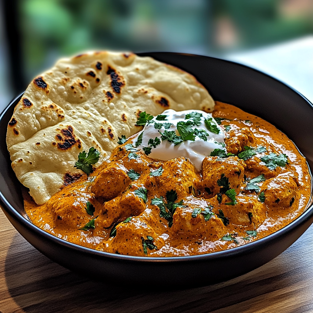 Recipe preparation for Butter Chicken with Garlic Naan