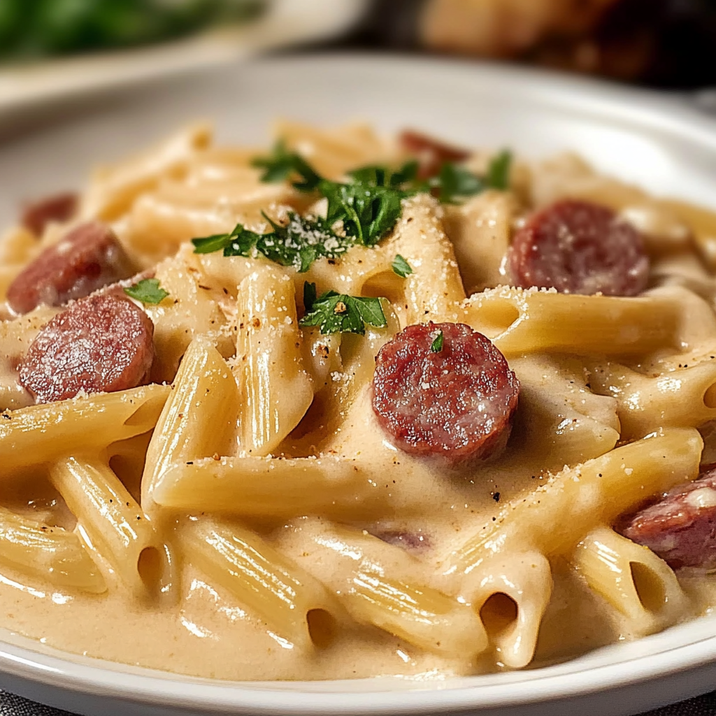 Recipe preparation for Creamy Smoked Sausage Pasta