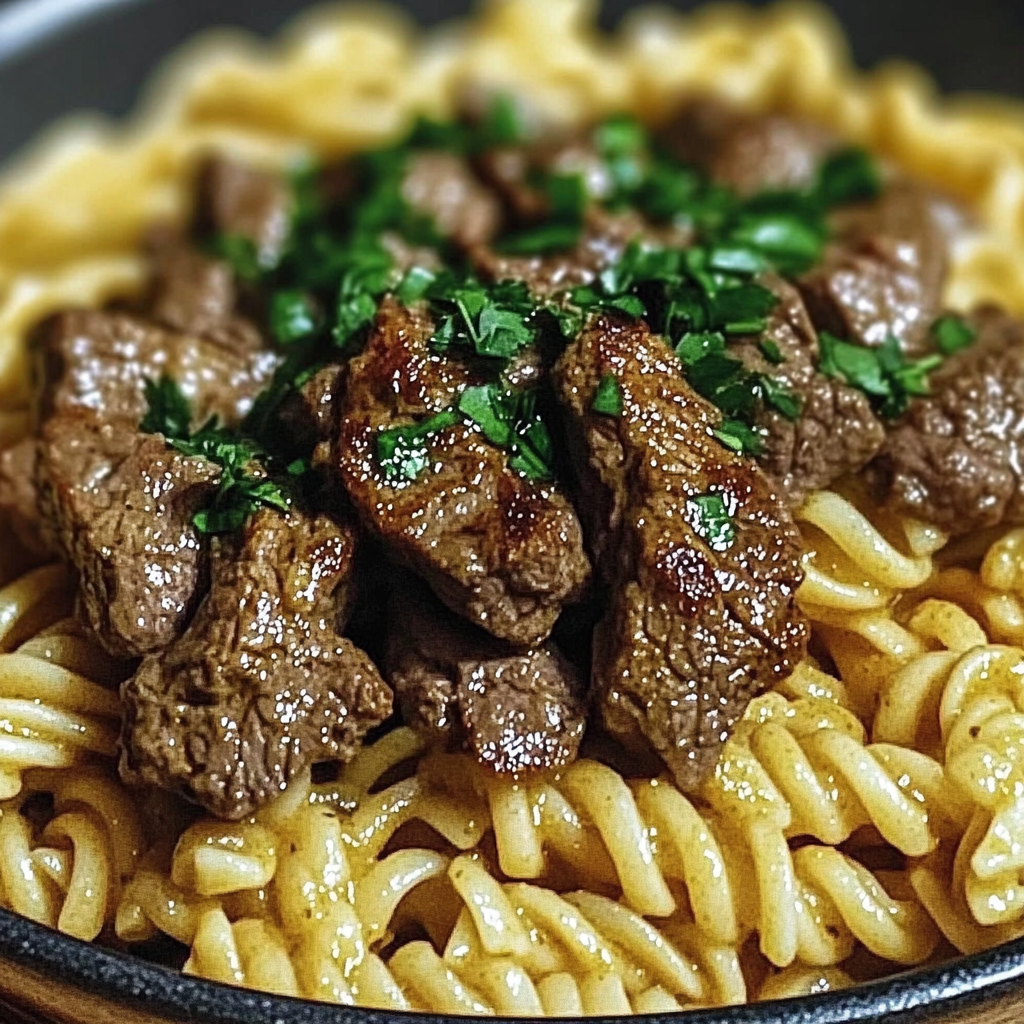Recipe preparation for Creamy Spicy Garlic Steak Pasta