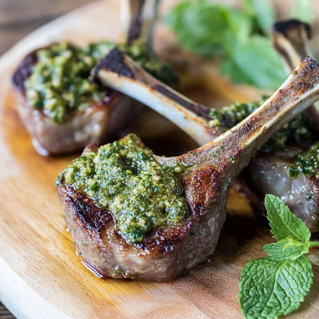 Recipe preparation for Roasted Lamb Chops with Mint Pesto
