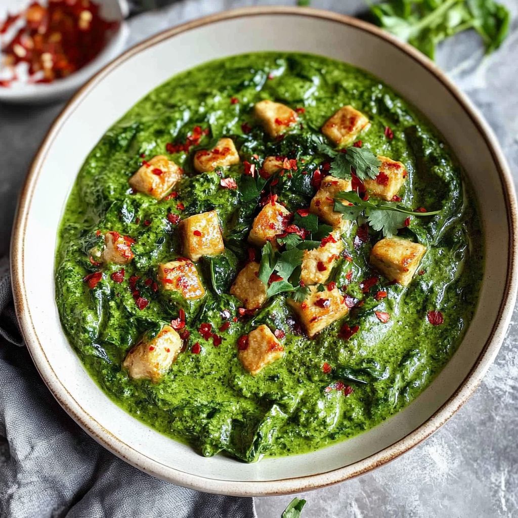 Recipe preparation for Spinach Curry Sauce with Crispy Tofu