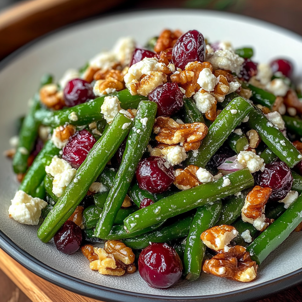 Recipe preparation for Holiday Green Bean Salad with Feta, Cranberries and Walnuts