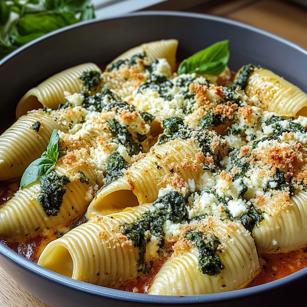 Recipe preparation for Creamy Spinach and Feta Shells