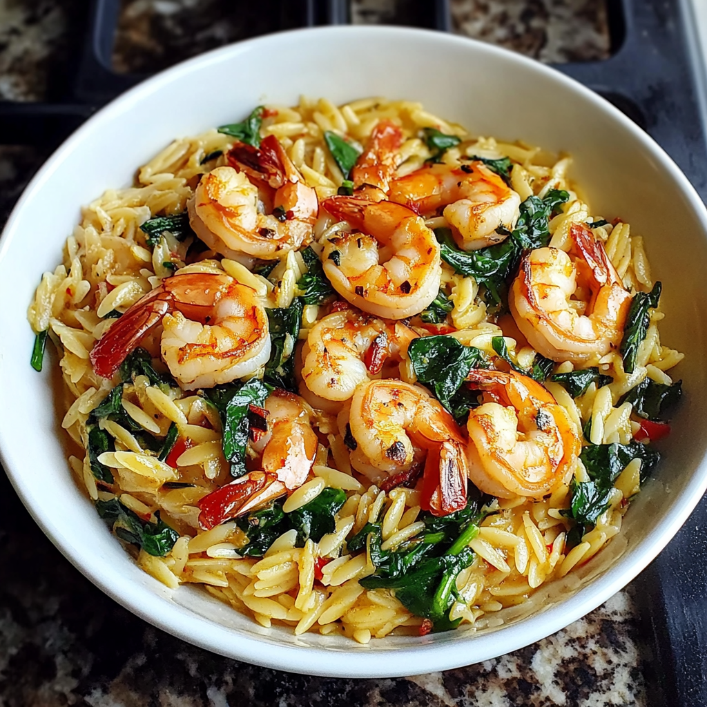 Recipe preparation for 25-Minute Shrimp and Spinach Orzo Skillet