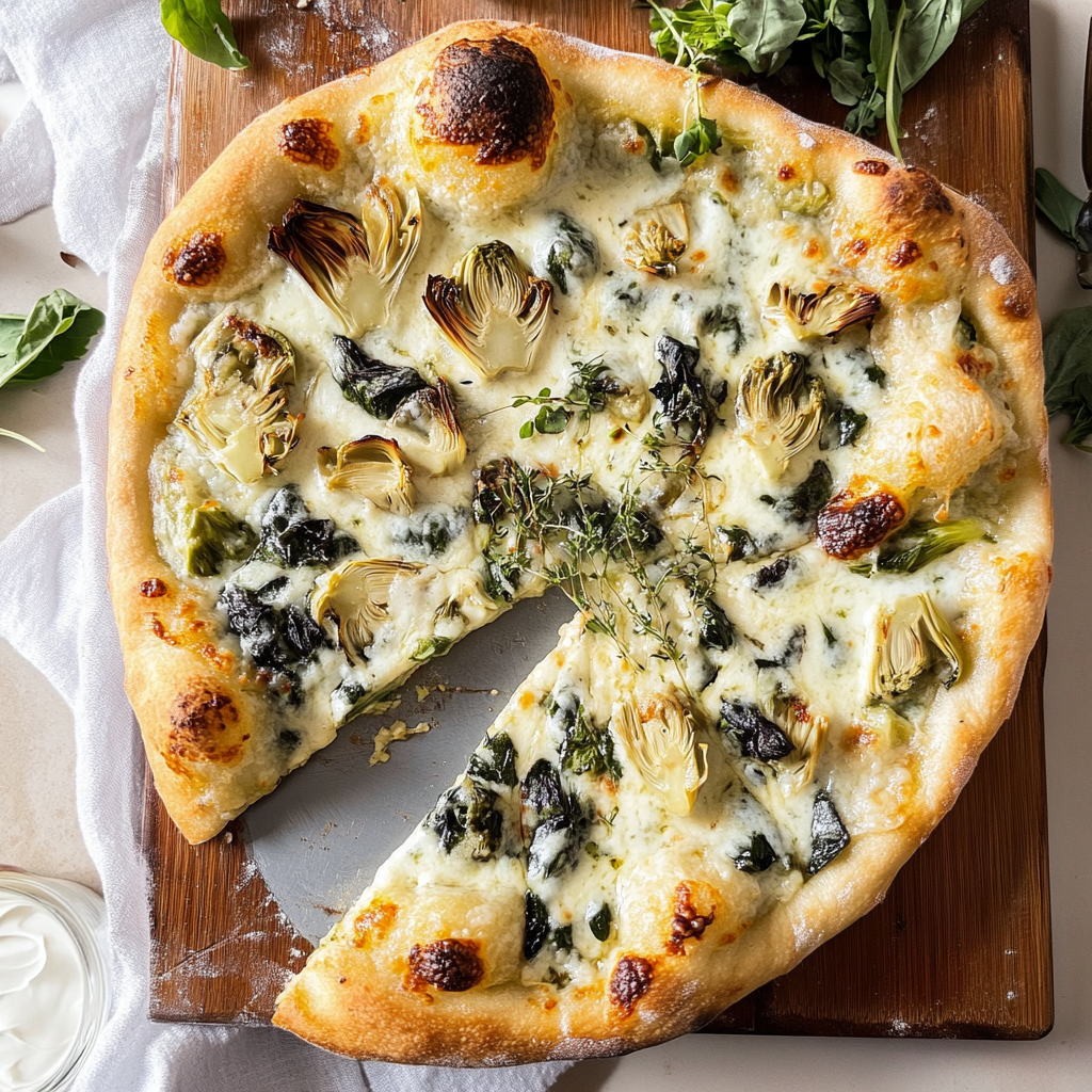 Recipe preparation for artichoke pizza with spinach parmesan cream sauce