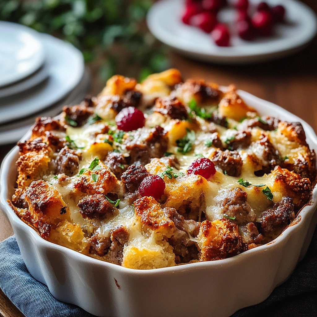 Recipe preparation for Cranberry Sausage Stuffing Bake