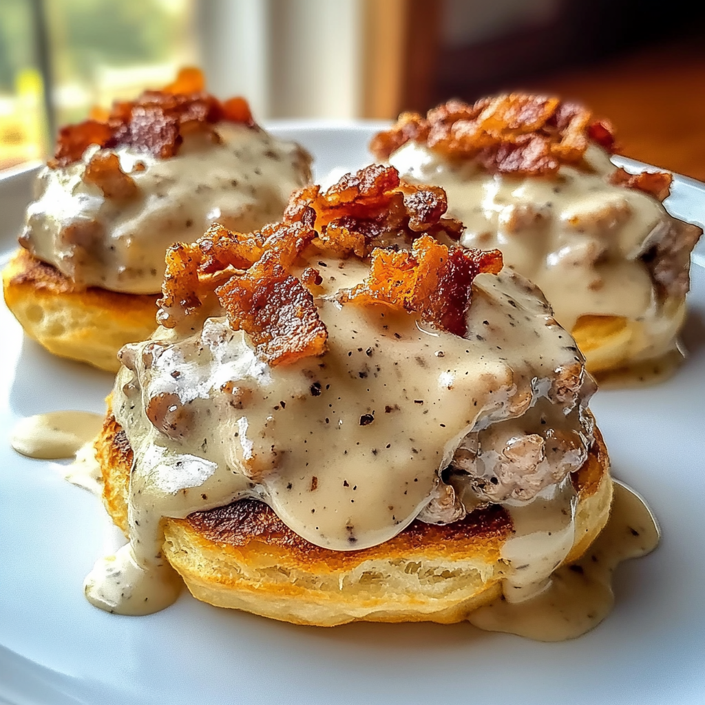 Recipe preparation for Crispy Bacon Sausage Gravy Chaos Biscuits