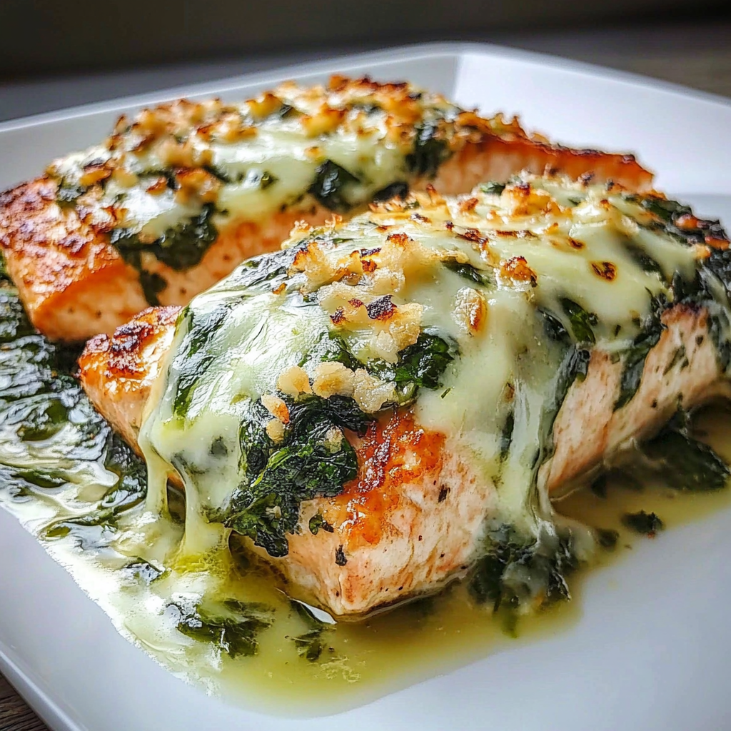 Recipe preparation for Baked Salmon with Spinach Mozzarella