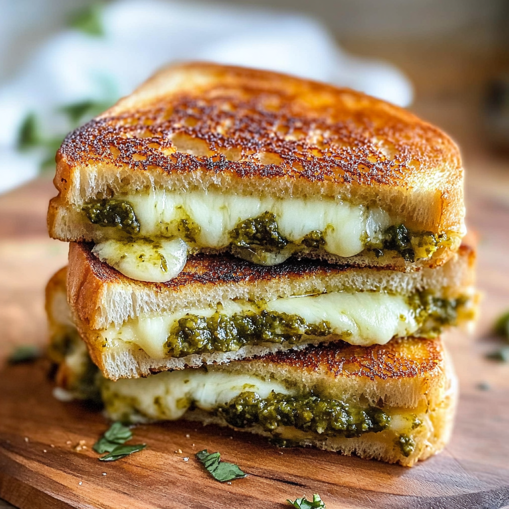 Recipe preparation for Sourdough Pesto Grilled Cheese