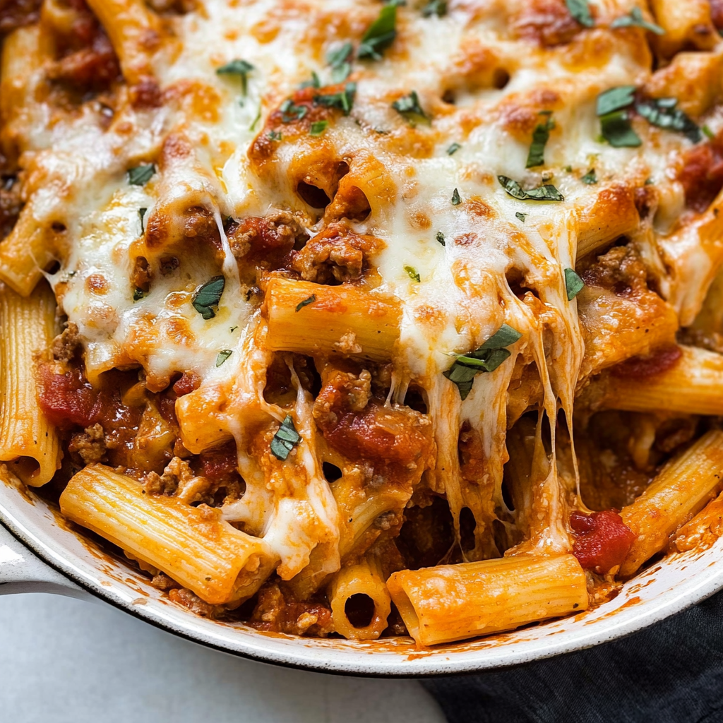 Recipe preparation for cheesy baked ziti